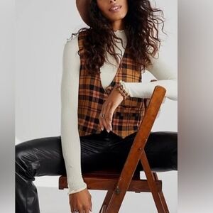 We The Free Heritage Yellow Black Plaid Linen Blend Vest